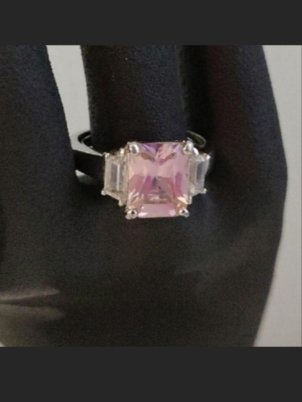 Source Unknown Silver Ring with Square Pink Center and Clear Side Stones